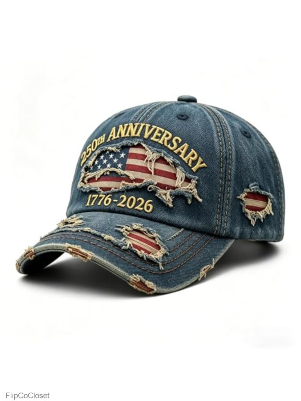 USA 250th Anniversary Distressed Denim Baseball Cap - 1776-2026 3D Gold